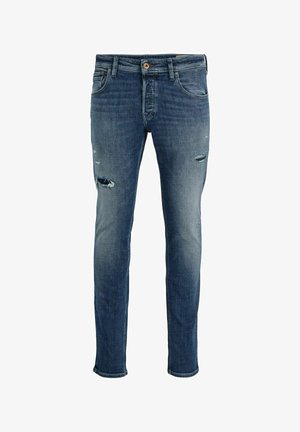 Slim-Fit-Jeans in Blau aus Denim, mit distressed Details und Rissen. Klassisches Fünf-Taschen-Design mit Knopfverschluss.