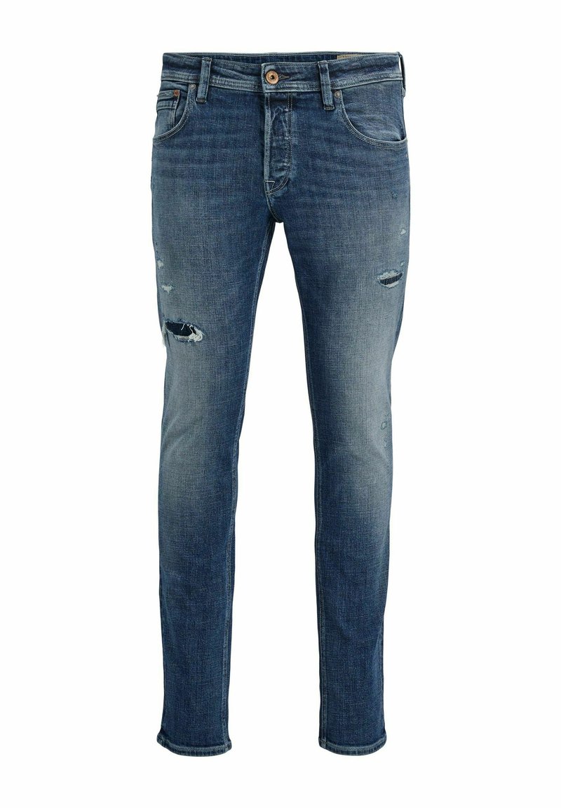 Slim-fit blue jeans made of denim, featuring distressed details and ripped sections. Classic five-pocket design with a button closure.