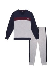 Conjunto de ropa de estar en casa de dos piezas que incluye una parte superior de manga larga en navy, burdeos y gris con la frase "Feel Good" y pantalones gris a juego con rayas laterales en navy.