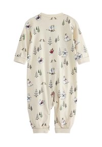 Béige toddler overall med ett lekfullt mönster av träd och figurer, med långa ärmar och elastiska mudd vid anklarna.