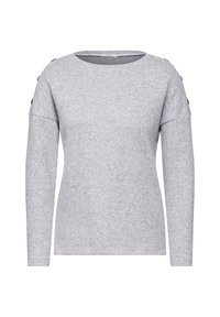 Helles graues Langarm-Pullover mit gerippter Textur, Rundhalsausschnitt und Knopfakzenten an den Schultern. Einfaches, tailliertes Design.