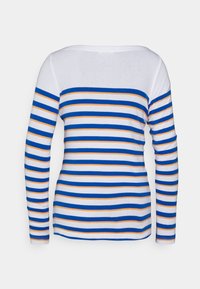 Koszula z długimi rękawami w poziome paski w kolorze niebieskim, białym i pomarańczowym. Miękka tkanina, luźny krój oraz szeroki dekolt.