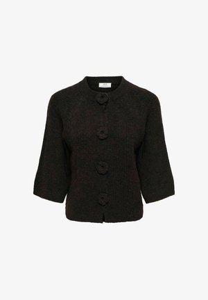 Must niidist kardigan ümarate kaeluse, kolme veerandvarrukate ja kolme lillekujulise nupuga ees. Tekstuuriga kangas.