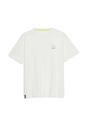 Witte t-shirt met korte mouwen en een ronde hals, voorzien van een grijze tekstontwerp "16 BITS PLAYER" op de borst en een gele accent aan de binnenkant van de kraag.