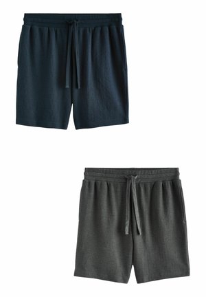 To par herreshorts til mænd i mørkeblå og kulgrå, lavet af struktureret stof, med elastisk talje og snorelukning.