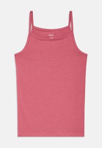 Ροζ αμάνικο μπλουζάκι με λεπτές τιράντες, φτιαγμένο από μαλακό βαμβακερό ύφασμα, με απλό σχέδιο και ίσια ραφή. Χωρίς μοτίβα ή διακοσμήσεις.