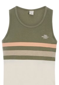 Canotta verde oliva con scollo rotondo, caratterizzata da righe orizzontali in pesca, marrone chiaro e beige, realizzata in morbido tessuto di cotone.