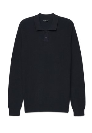 Maglione polo nero a maniche lunghe con polsini a coste, patta con due bottoni e una morbida texture lavorata a maglia.