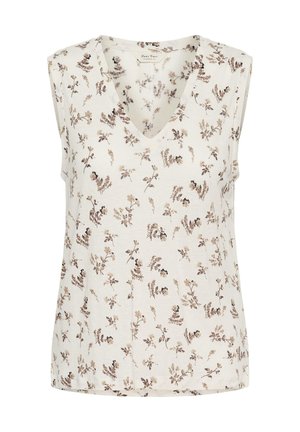 Haut blanc sans manches avec col en V, présentant un motif floral dispersé de petites fleurs marron et beige.