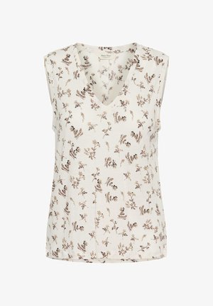 Haut blanc sans manches avec col en V, présentant un motif floral dispersé de petites fleurs marron et beige.