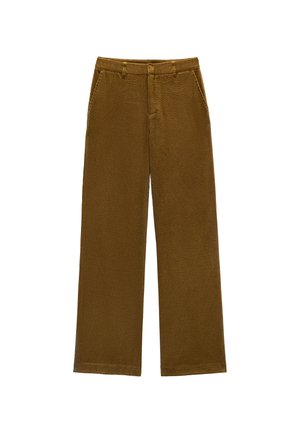 Brązowe, szerokie spodnie o fakturowanej powierzchni z wysokim stanem, z przednimi kieszeniami i miękką teksturą. Idealne na codzienną lub półformalną okazję.