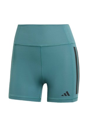 Teal athletic shorts made of stretchy fabric, featuring a high waistband, black side stripes, and brand logo near the hem.
