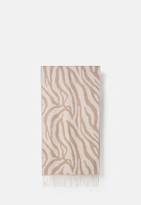 Beige tørklæde med zebrastribemønster i en lysere nuance, lavet af blødt materiale, med frynser langs kanterne.