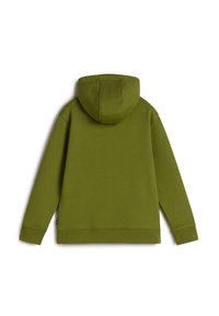 Sudadera verde con una capucha amplia, puños y dobladillo acanalados. Confeccionada con una tela suave, presenta una textura lisa y un diseño minimalista.