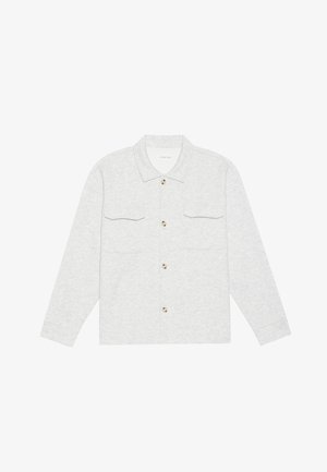 Light gray button-up shirt made of textured fabric, featuring two chest pockets and a classic collar, with wooden buttons as accents.