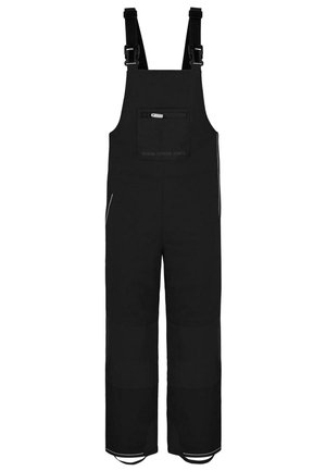 Pantalon de sport à bretelles noir pour l'extérieur avec bretelles réglables, une poche poitrine zippée, des genoux renforcés et des étriers aux ourlets des chevilles.
