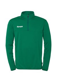 Groene fleece pullover met een half-zip kraag, met een zachte textuur en een wit "Kempa" logo op de linkerborst.