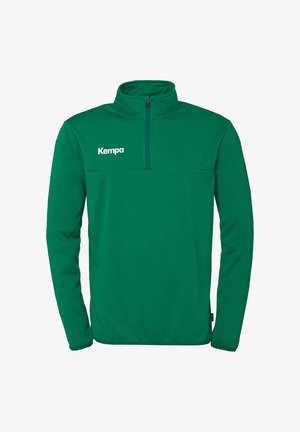 Grøn fleece-pullover med en halv lynlåskrave, der har en blød tekstur og et hvidt "Kempa"-logo på venstre brystområde.