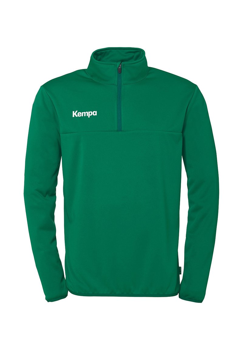 Groene fleece pullover met een half-zip kraag, met een zachte textuur en een wit "Kempa" logo op de linkerborst.