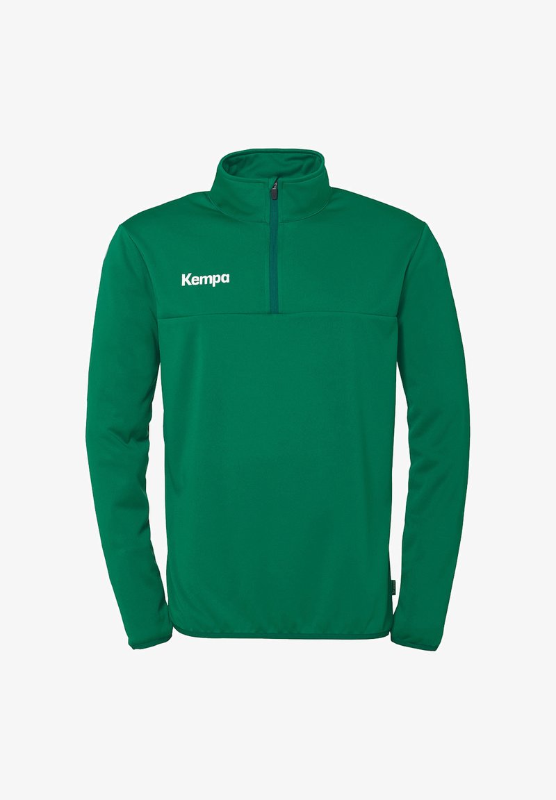 Groene fleece pullover met een half-zip kraag, met een zachte textuur en een wit "Kempa" logo op de linkerborst.