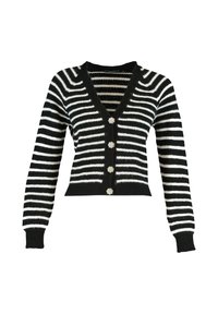 Gestreifter schwarz-weißer Cardigan mit langen Ärmeln, V-Ausschnitt und fünf dekorativen Knöpfen an der Vorderseite. Weiche Stricktextur, kürzer geschnittenes Design.