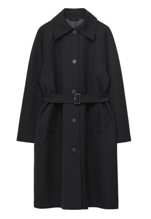 Black long wool coat with wide collar, button closure down front, adjustable belt at waist, and two side pockets.