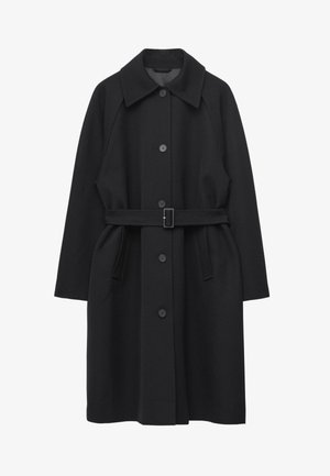 Black long wool coat with wide collar, button closure down front, adjustable belt at waist, and two side pockets.