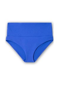 Costume bikini a vita alta di colore blu uniforme. Realizzato in tessuto liscio e elasticizzato con un design classico. Nessun motivo o decorazione visibile.