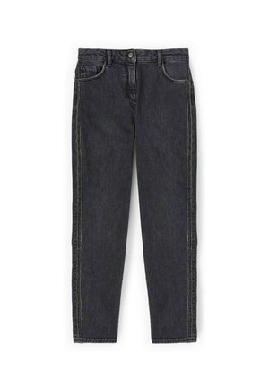 Jeans in denim nero con un design a gamba dritta, caratterizzati da cuciture gialle e tasche frontali. Nessun ulteriore decoro o motivo.