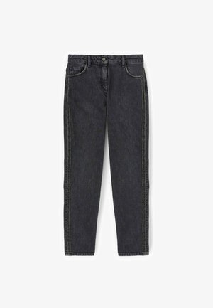 Jeans in denim nero con un design a gamba dritta, caratterizzati da cuciture gialle e tasche frontali. Nessun ulteriore decoro o motivo.