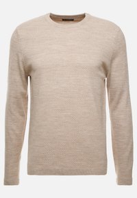 Beżowy sweter z dzianiny z okrągłym dekoltem, długimi rękawami i fakturowanym wzorem. Miękka, lekka tkanina o gładkim wykończeniu.