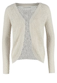 Stickad cardigan i krämfärgad med en lös, öppen framtill och långa ärmar. Strukturerad tyg med en något genomskinlig, lätt utseende.