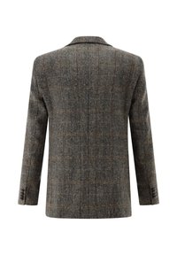 Hahnentritt gemusterter Blazer in Braun und Grau mit Reverskragen, langen Ärmeln und geknöpften Manschetten aus strukturiertem Wollstoff.