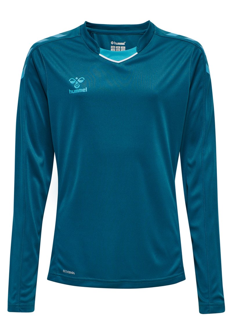 Türkise Sportbluse mit langen Ärmeln aus leichtem Material. Sie verfügt über ein V-Ausschnitt-Design, kontrastierende weiße Akzente und ein Logo auf der linken Brust.