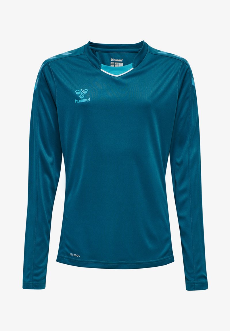 Türkise Sportbluse mit langen Ärmeln aus leichtem Material. Sie verfügt über ein V-Ausschnitt-Design, kontrastierende weiße Akzente und ein Logo auf der linken Brust.