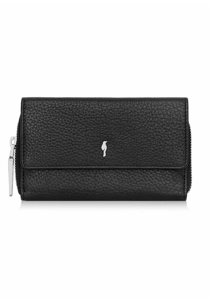 Czarny skórzany portfel o teksturowanej powierzchni, z suwakiem i małym srebrnym logo z przodu. Kompaktowy prostokątny kształt.