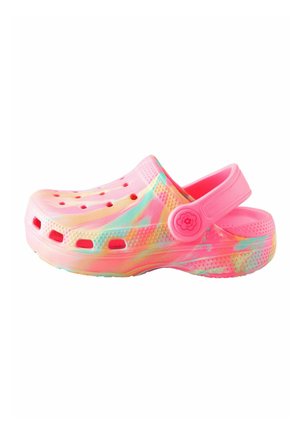 Mehrfarbiger Clog-Schuh in Pink, Orange und Türkis mit Perforationen und einem verstellbaren Fersenriemen mit Blumenemblem.