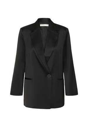 Crni satenski sako s rever kragnom, jednim dugmetom, bočnim džepovima i rukavima do tri četvrtine. Glatka tekstura i kroj koji prati liniju tijela.