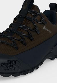 Gros plan sur une chaussure de randonnée brun foncé et noire avec un matériau Gore-Tex, des lacets noirs et le logo "The North Face" sur le côté.