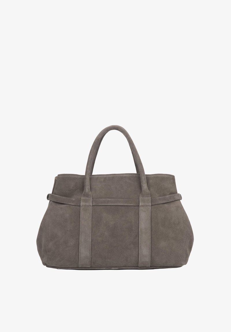 Grijze suede handtas met twee bovenhandvaten, rechthoekige vorm en gestikte details aan de zijkant. Smooth textuur met een minimalistisch ontwerp.