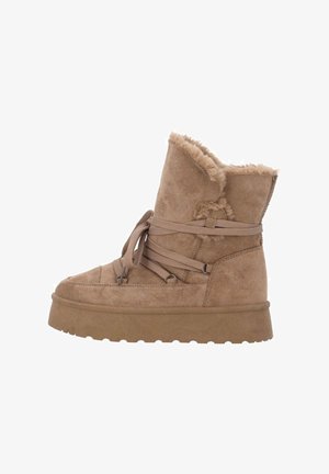 Braune Wildleder-Ankle-Boots mit Kunstfellbesatz, flacher Gummisohle und gekreuzten Schnürsenkeln. Verfügt über eine leicht gepolsterte Zunge und ein strukturiertes Obermaterial.