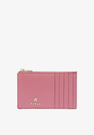 Rosa Leder-Kartenetui mit fünf Kartenfächern, goldfarbenem Reißverschluss oben und goldfarbenem Furla-Logo vorne.
