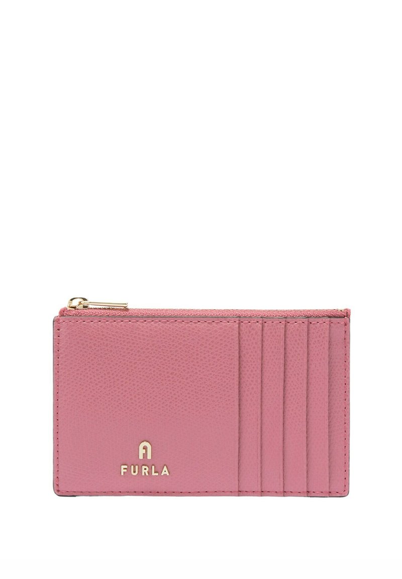 Růžový kožený držák na karty s pěti přihrádkami na karty, zlatým zipem nahoře a zlatým logem Furla na přední straně.