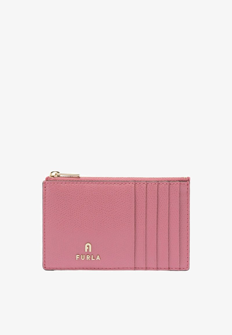 Roze lederen kaarthouder met vijf kaarthouderslots, een gouden rits aan de bovenkant en een gouden Furla-logo aan de voorkant.
