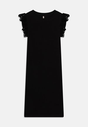 Zwarte jurk met korte, zwarte kanten rimpels mouwen. Glad textuur, ronde halslijn en een rechte snit, geschikt voor casual wear.