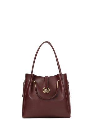 Burgundy leather handbag with dual rounded handles, gold-tone hardware, central flap with logo accent, smooth texture, and structured shape.