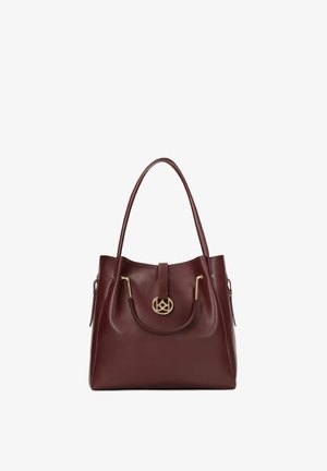 Burgundia nahast käekott, millel on kaks ümarat käepidet, kuldne ehtetegevus, keskel klapp logomärgisega, sile tekstuur ja struktureeritud kuju.