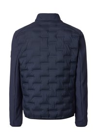 Marineblaue Steppjacke mit einer gesteppten Textur auf dem Rücken und glattem Material an den Ärmeln, mit aufstellbarem Kragen und elastischen Bündchen.