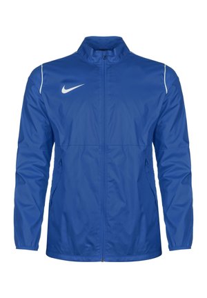Veste de sport légère bleue zippée avec col montant, manches longues et logo Nike blanc sur la poitrine.