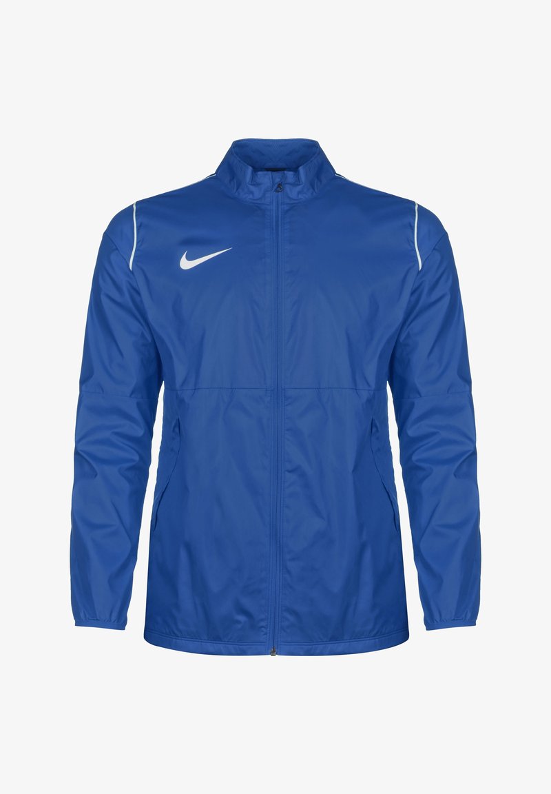 Veste de sport légère bleue zippée avec col montant, manches longues et logo Nike blanc sur la poitrine.